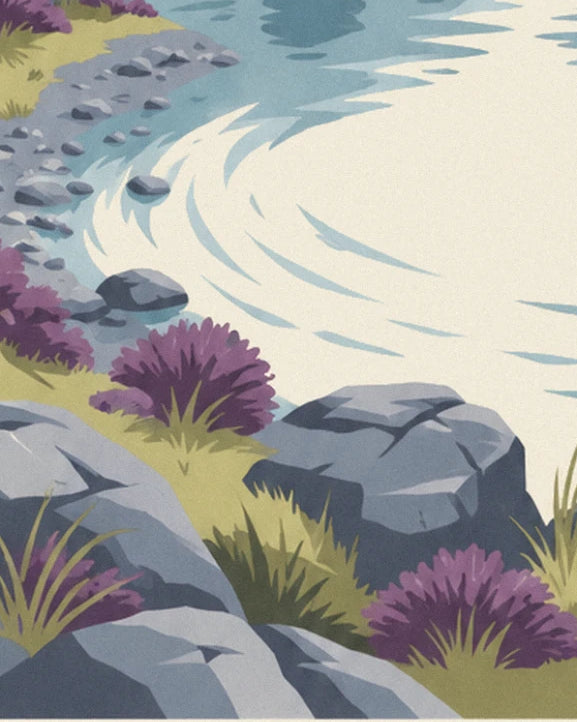 The grey rocks and clumps of purple heather beside the blue water