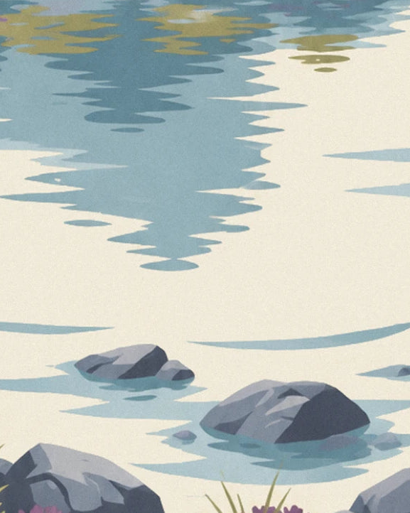 Blue and ochre reflections on the calm waters of the loch, among grey rocks