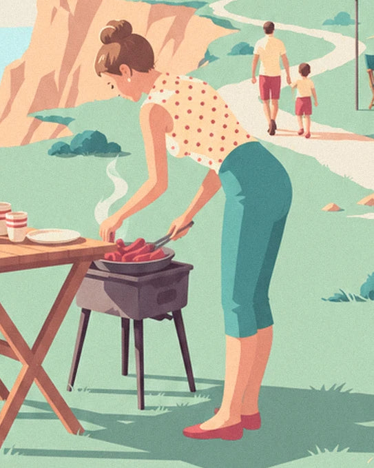Die Pin-up in türkisfarbener Hose vor ihrem Grill, neben dem Holztisch