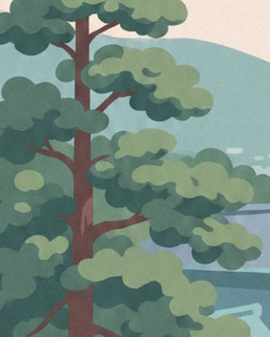 A tree with a brown trunk and rounded green foliage in front of the blue-tinged roofs