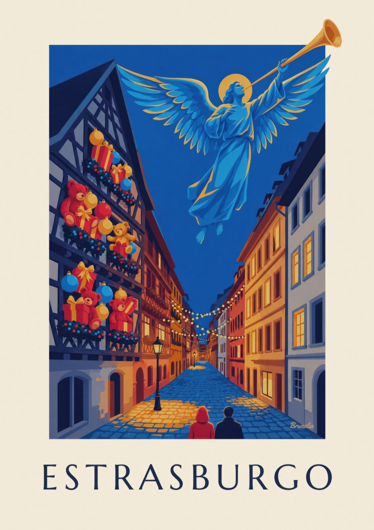 Poster Straßburg zur Weihnachtszeit, leuchtender Engel (Titel ESTRASBURGO)