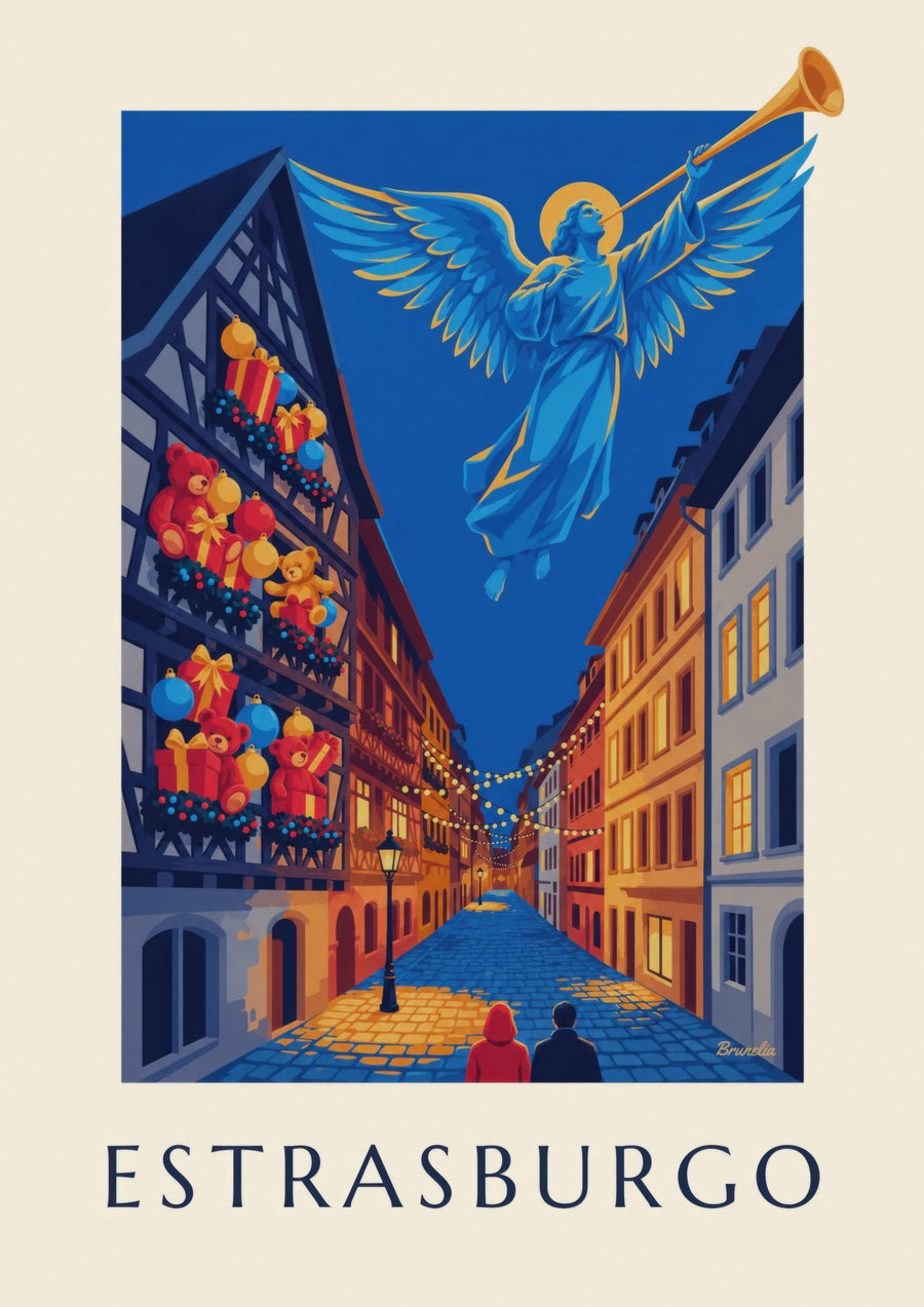 Poster Straßburg zur Weihnachtszeit, leuchtender Engel (Titel ESTRASBURGO)