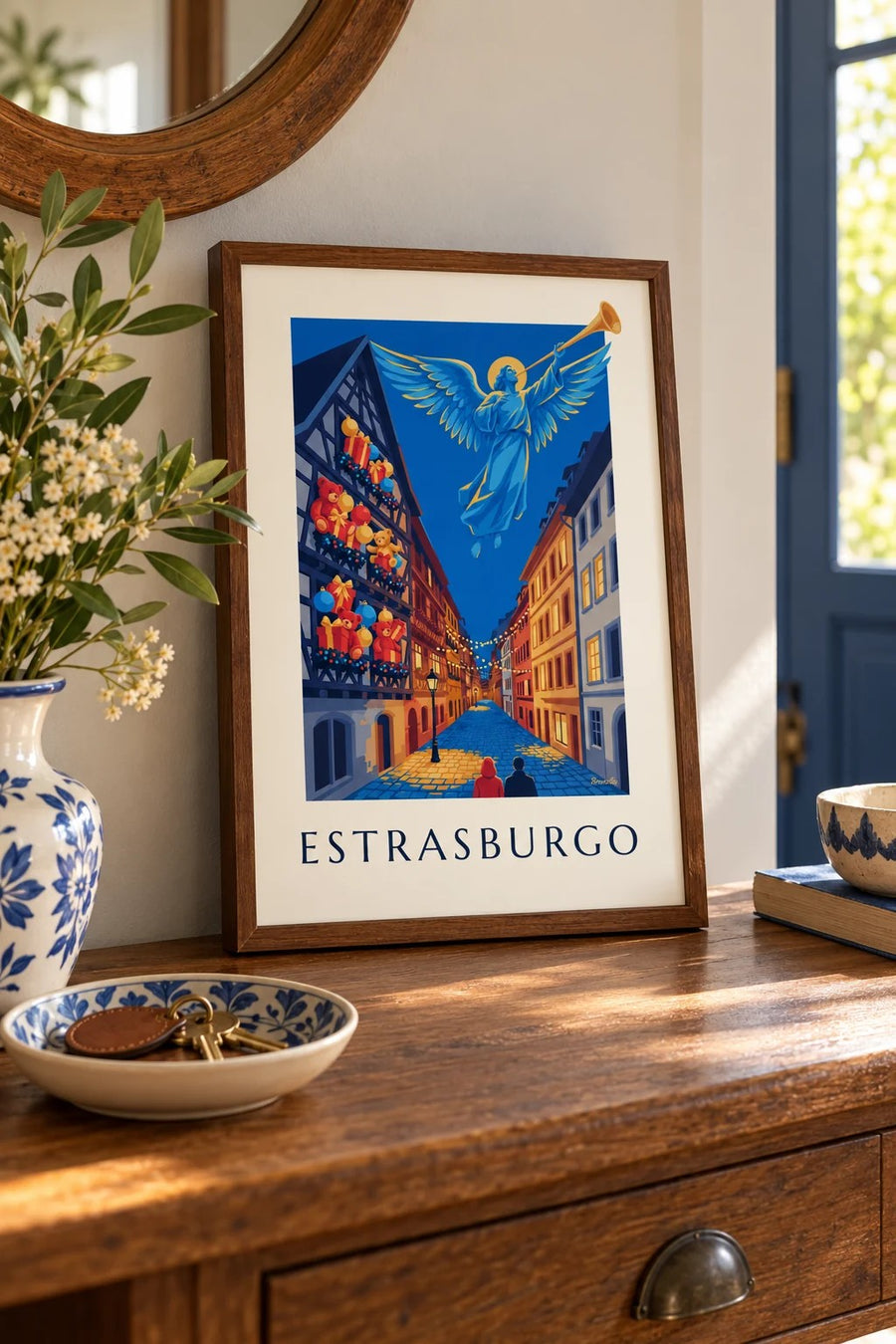 Affiche Strasbourg à Noël, ange lumineux (titre ESTRASBURGO) : petit format A4 encadré
