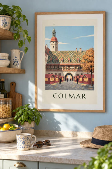 Poster Weihnachtsmarkt von Colmar am Koïfhus : gerahmt an der Wand