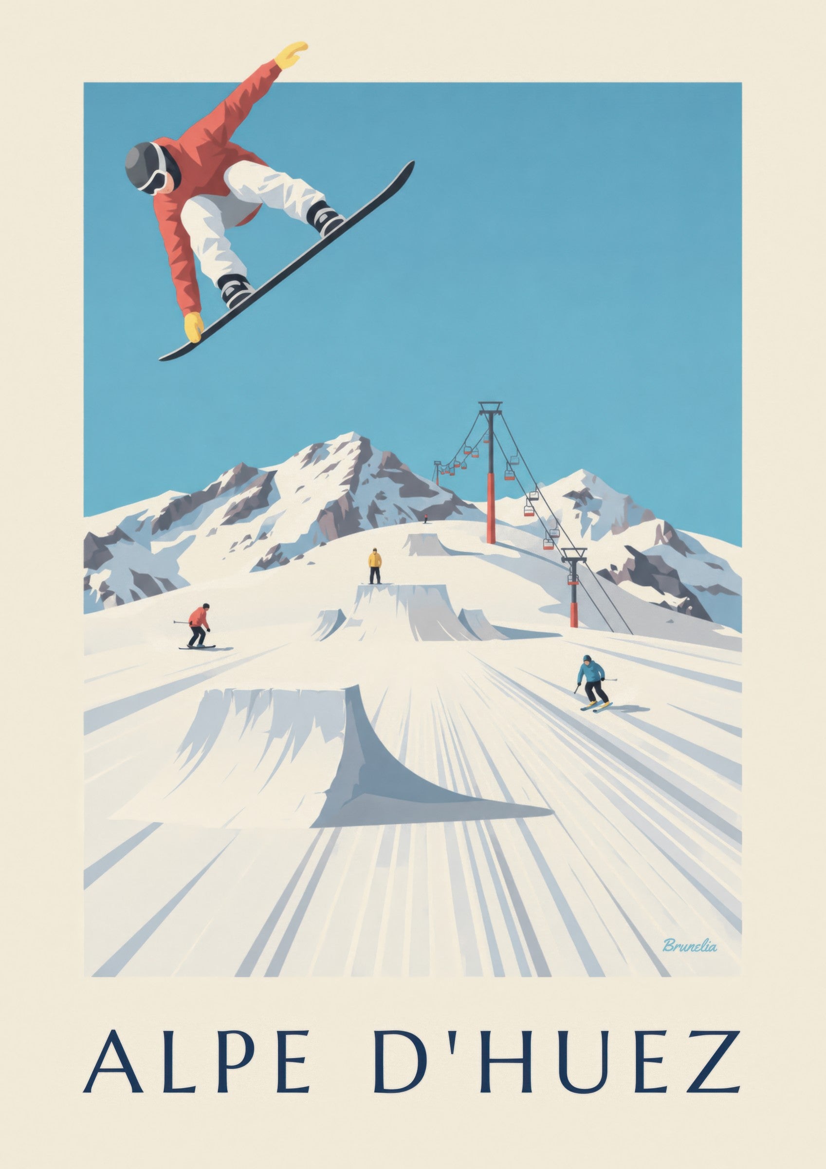 Poster Alpe d'Huez mit Skifahrern und Snowboardern: Detail in Nahaufnahme