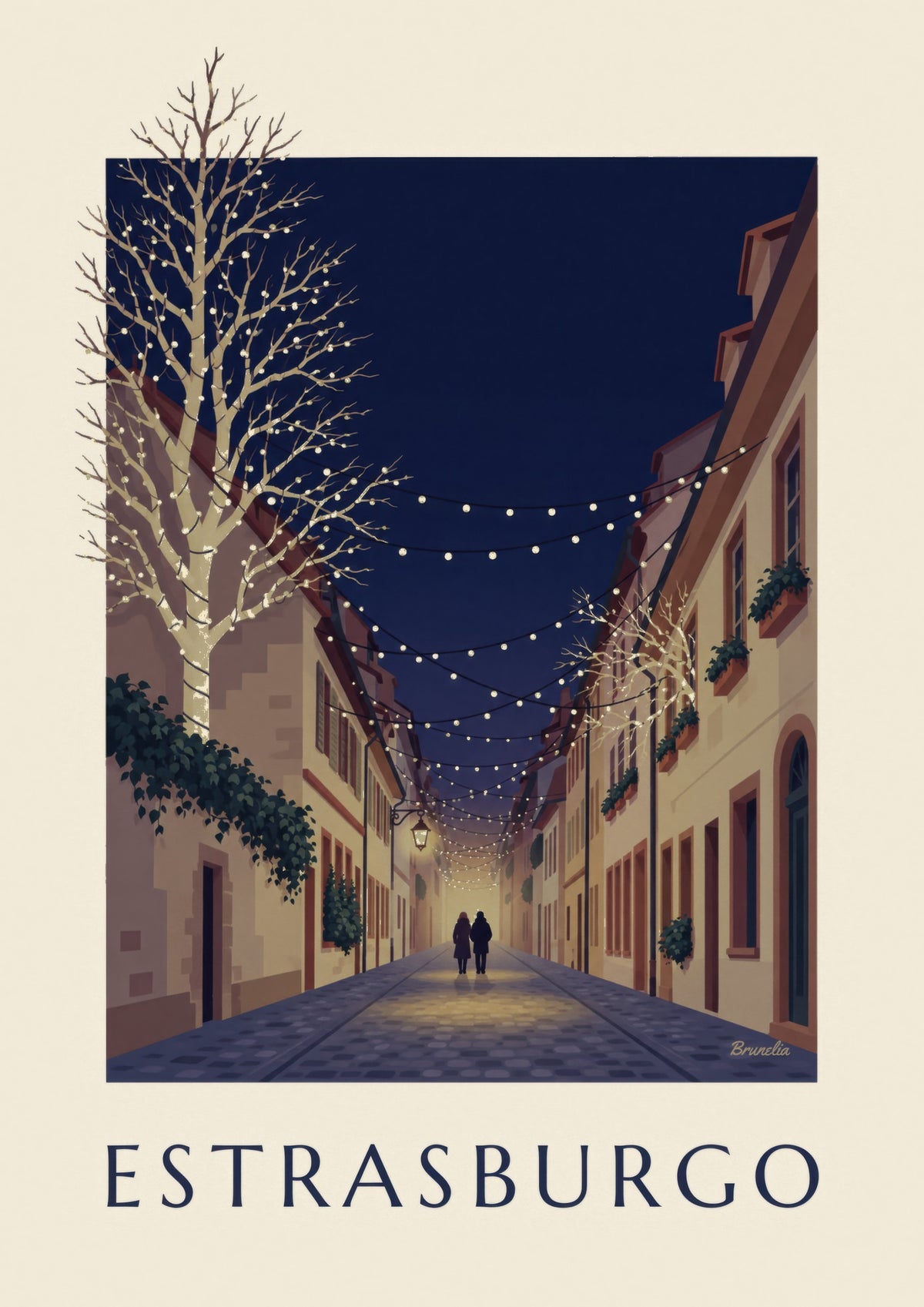 Poster einer weihnachtlich beleuchteten Gasse in Strasbourg (Titel ESTRASBURGO)