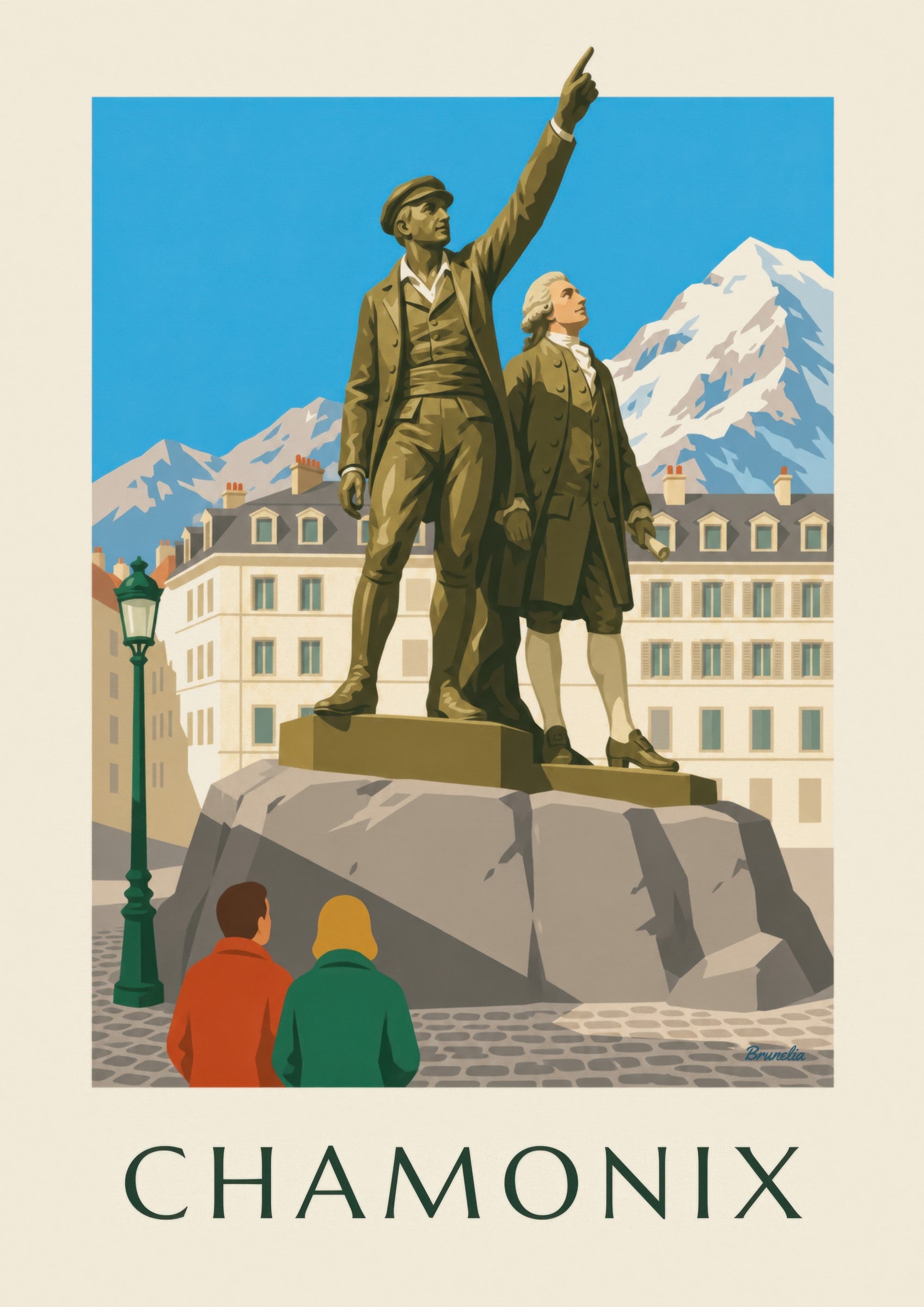 Affiche statue de Balmat et Saussure à Chamonix : détail en gros plan