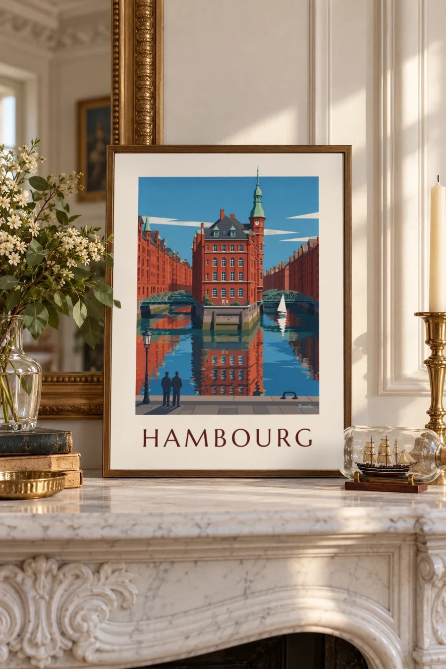 Affiche Speicherstadt de Hambourg, le Wasserschloss : petit format A4 encadré