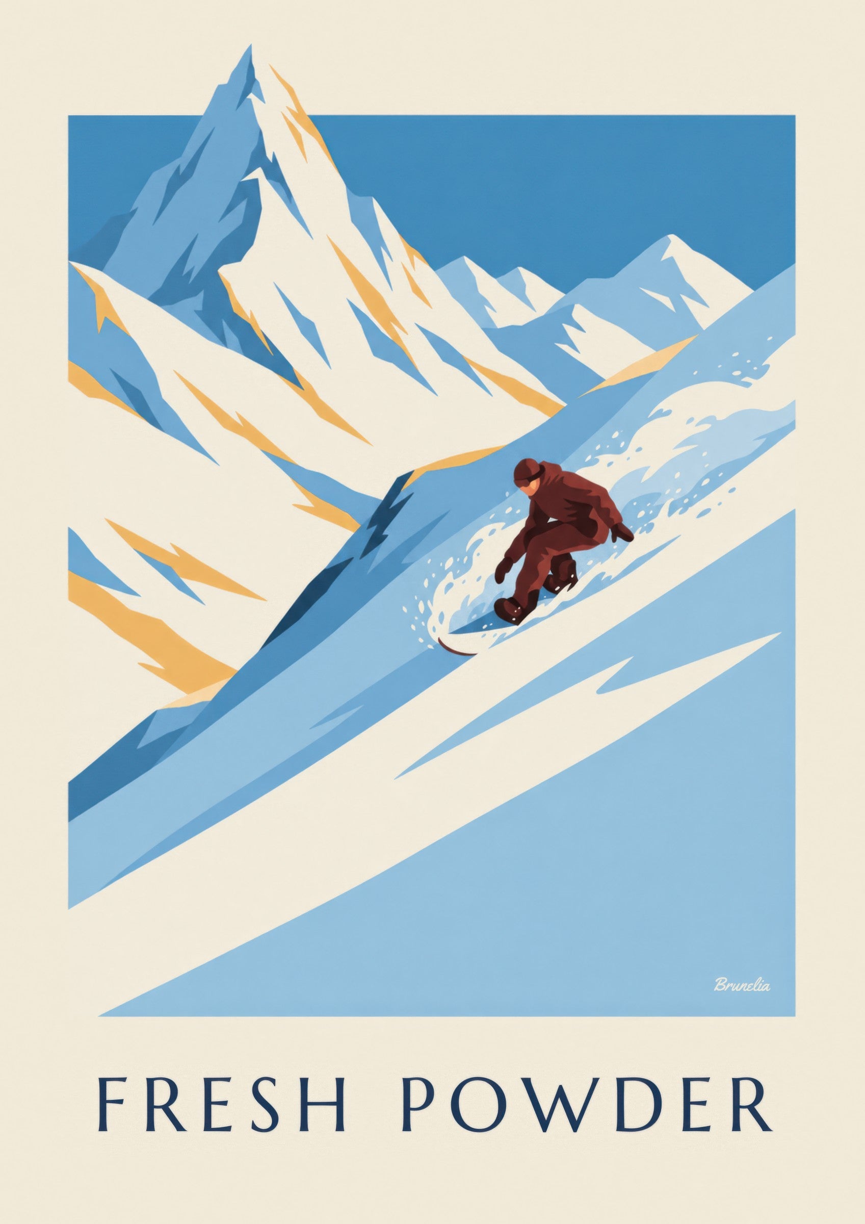 Affiche snowboard dans la poudreuse : détail en gros plan