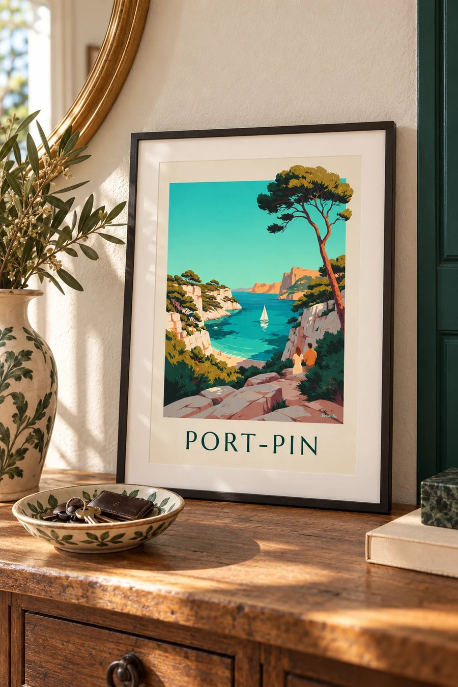 Affiche calanque de Port-Pin et voilier : petit format A4 encadré