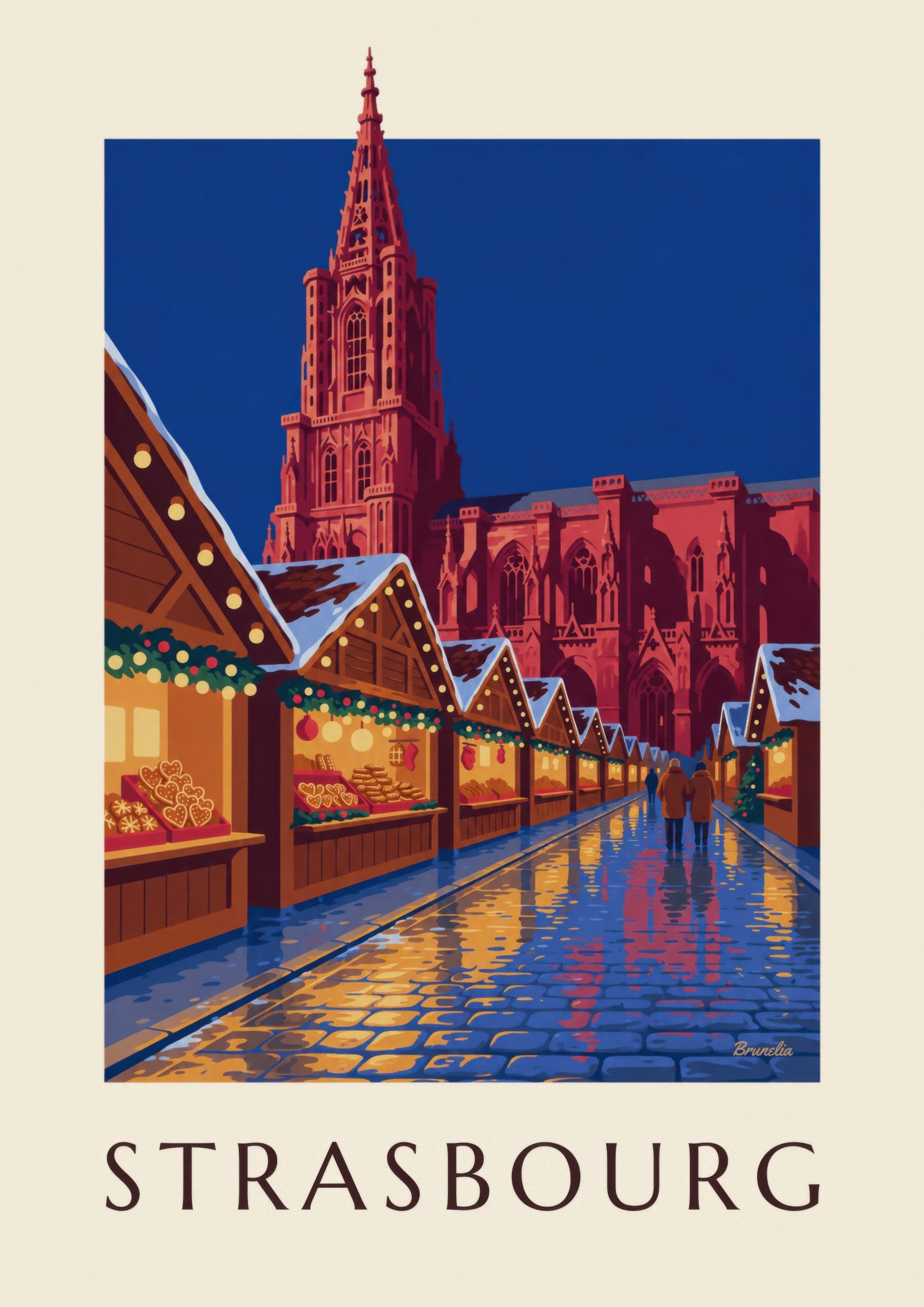 Affiche marché de Noël de Strasbourg la nuit : détail en gros plan