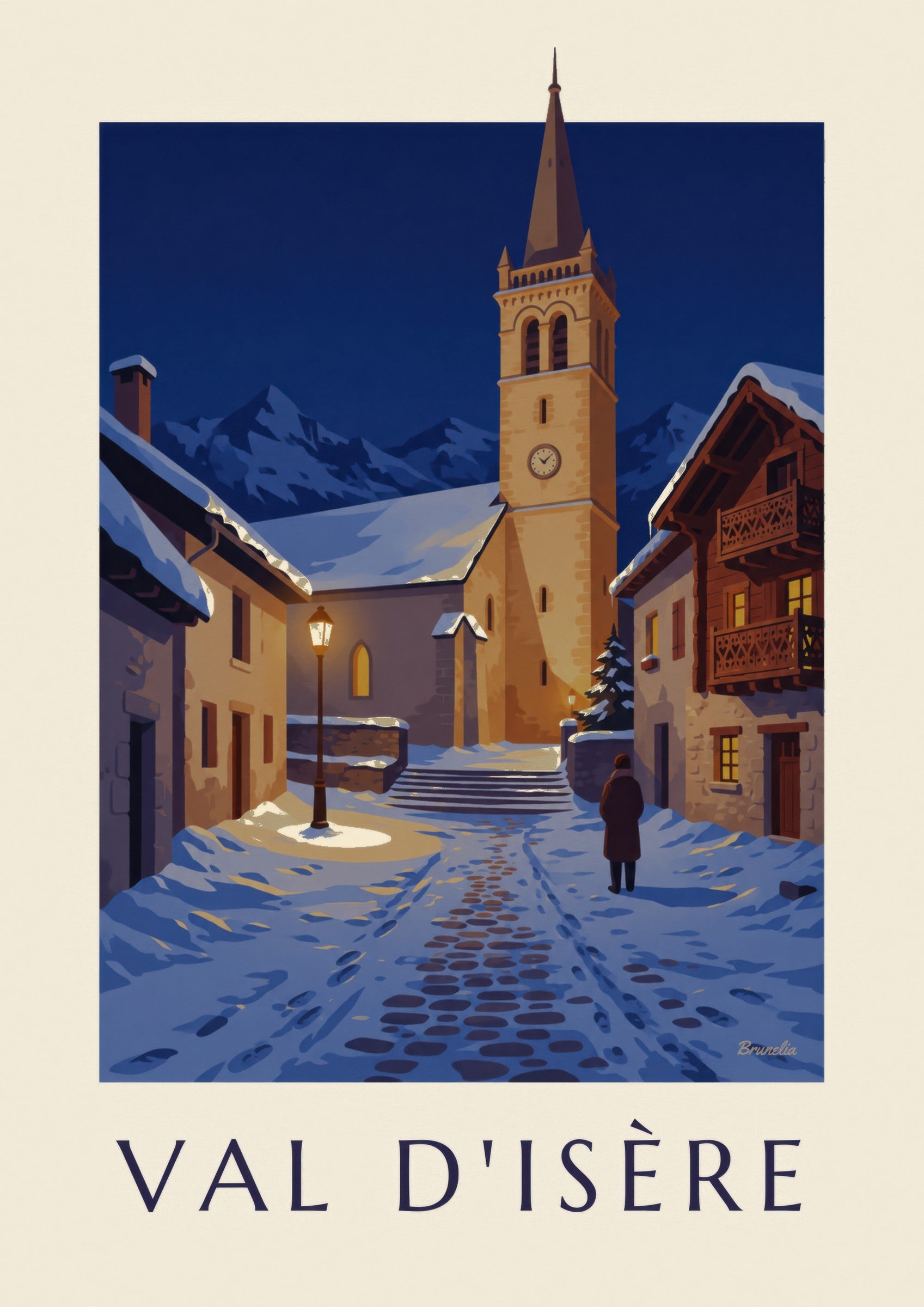 Affiche Val d’Isère, clocher illuminé en hiver : détail en gros plan