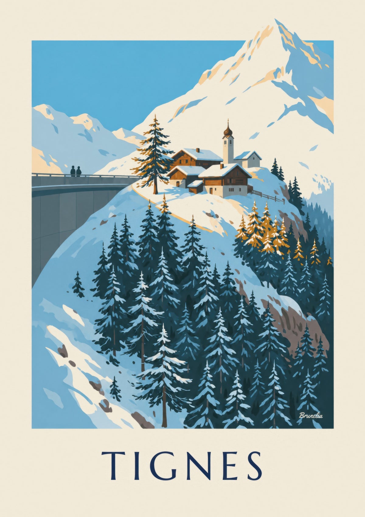 Affiche Tignes 1800 et son clocher en hiver