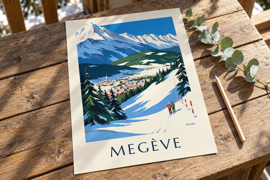 Affiche Megève, les pistes face au Mont-Blanc : posée sur une table
