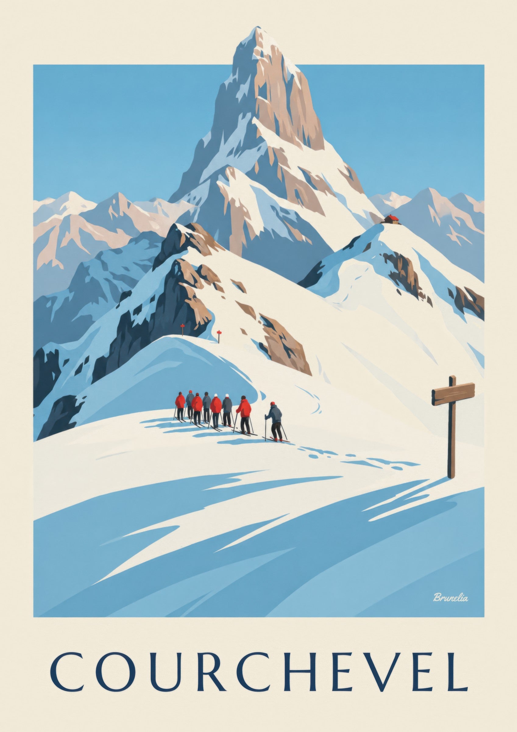 Affiche Courchevel, skieurs face à la Vanoise : détail en gros plan