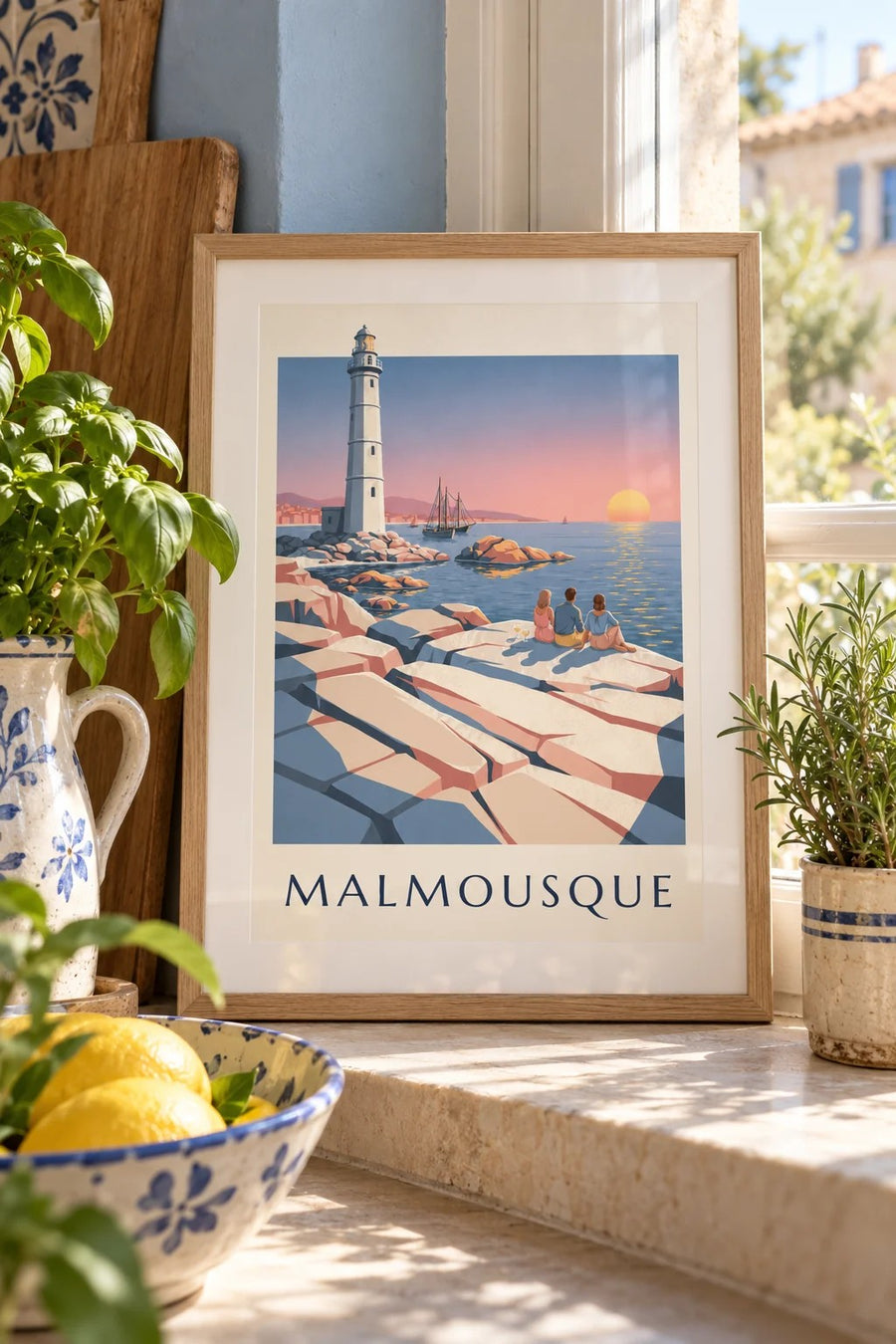 Affiche apéritif au coucher du soleil à Malmousque : petit format A4 encadré