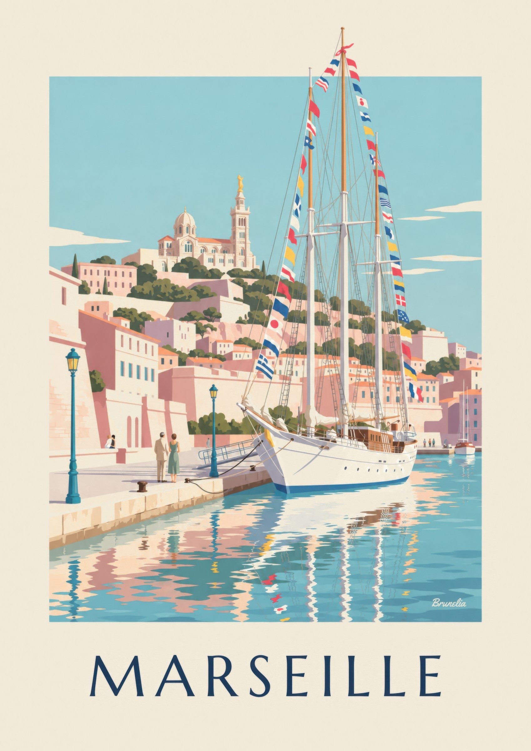 Affiche grand voilier au port de Marseille : détail en gros plan