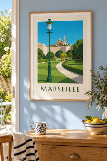 Poster Notre-Dame-de-la-Garde vom Pharo aus gesehen : gerahmt an der Wand