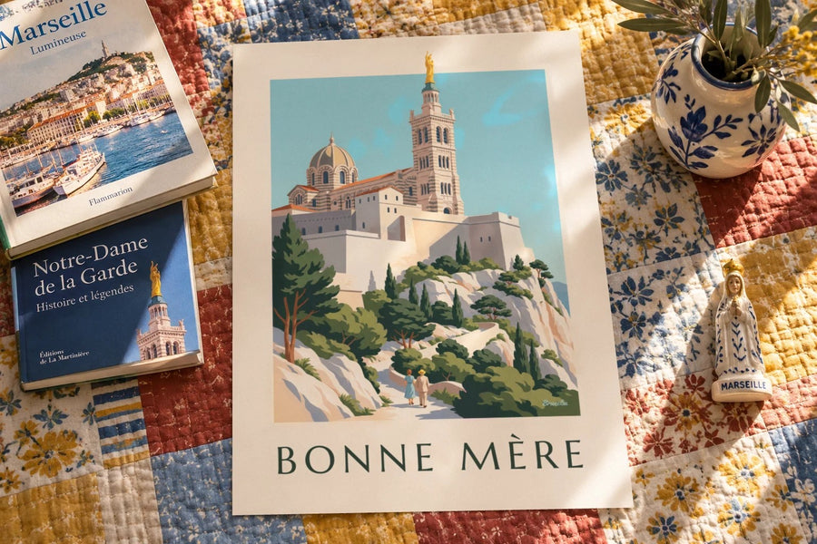 Affiche basilique Notre-Dame-de-la-Garde : posée sur une table