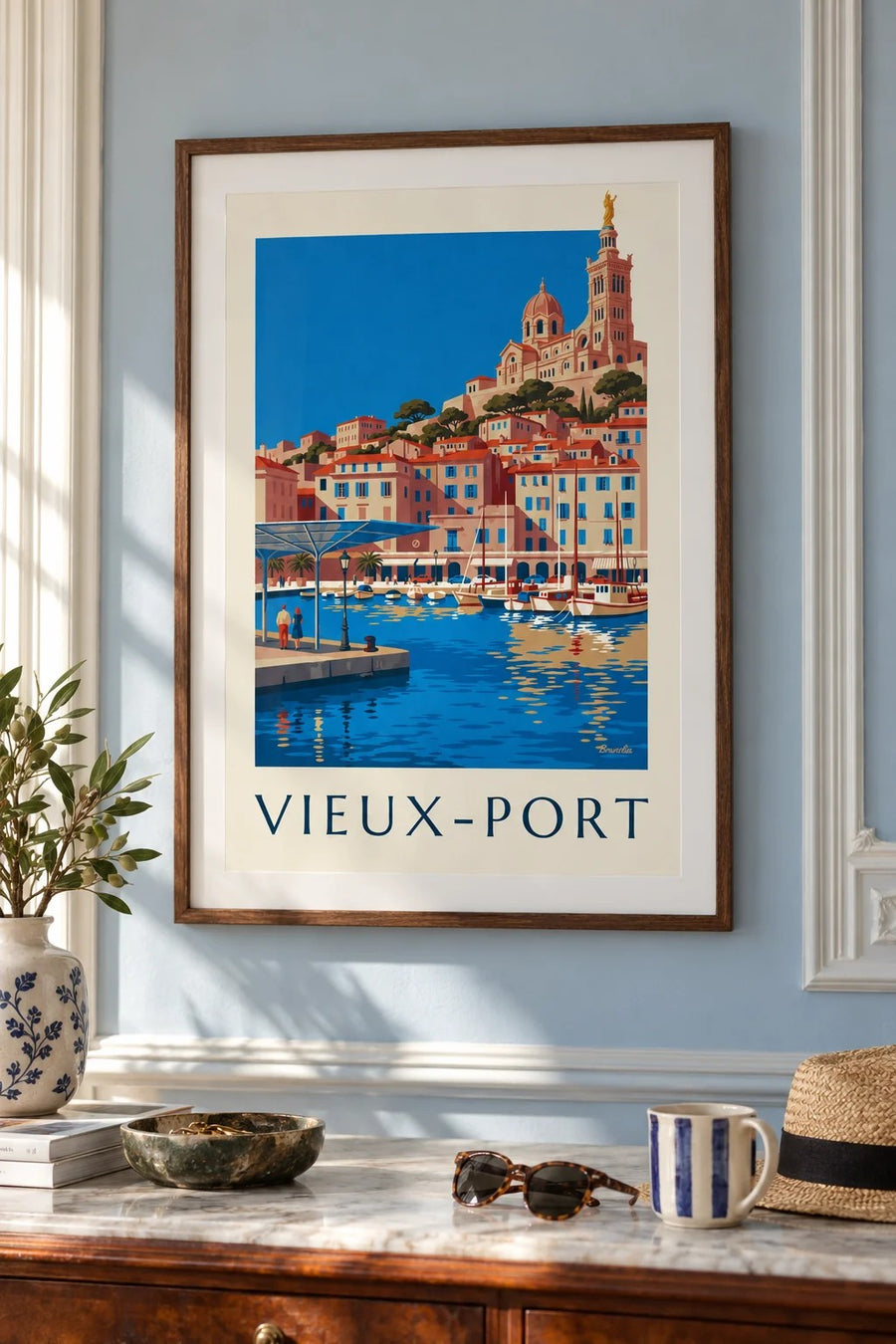 Affiche ombrière miroir du Vieux-Port de Marseille : encadrée au mur