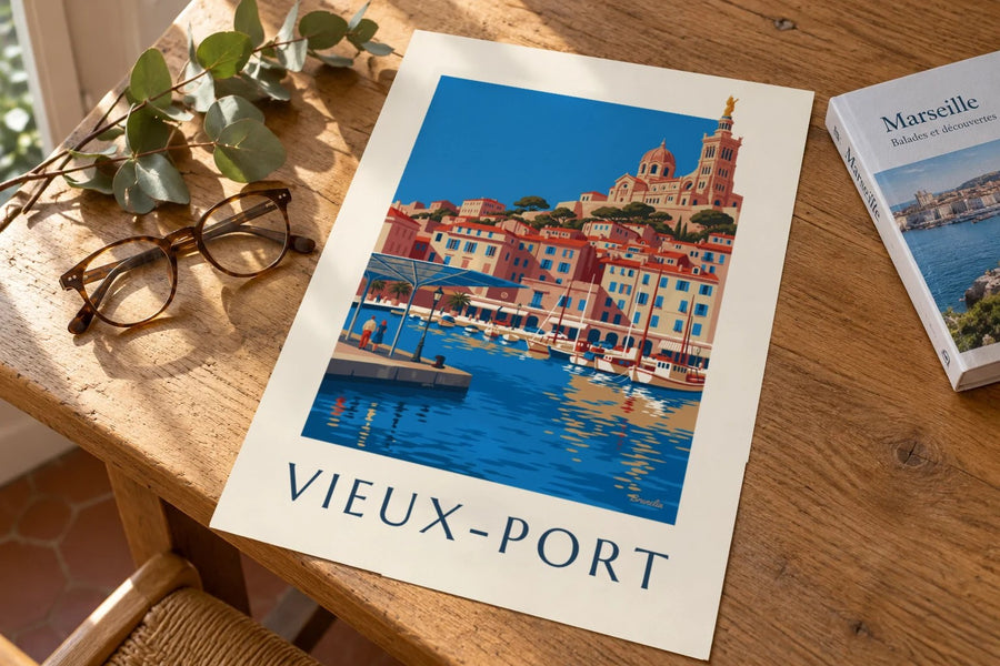 Affiche ombrière miroir du Vieux-Port de Marseille : posée sur une table