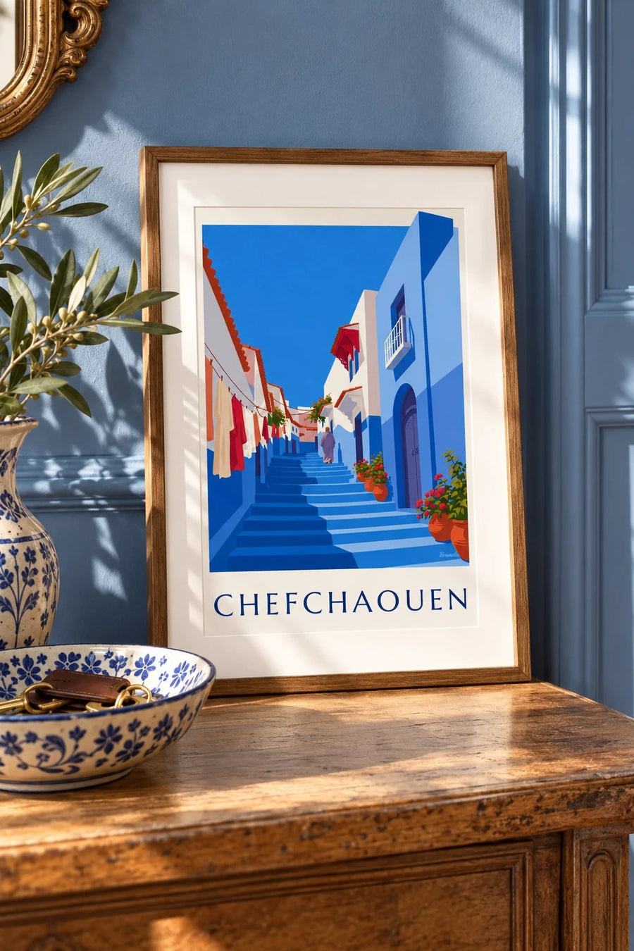 Affiche ruelle bleue de Chefchaouen au Maroc : petit format A4 encadré