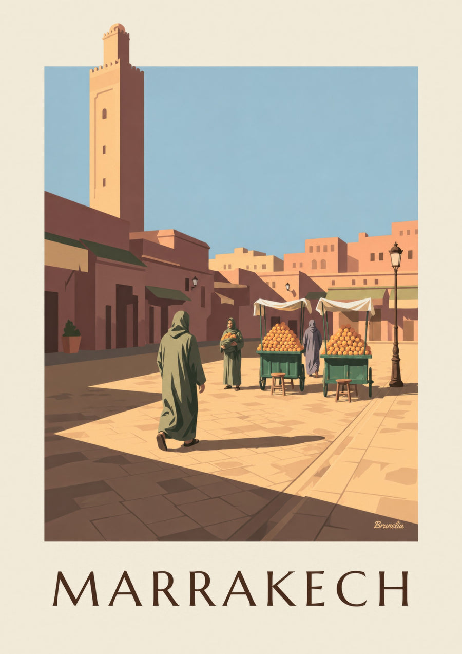 Poster Jemaa el-Fna in Marrakesch mit Orangenständen