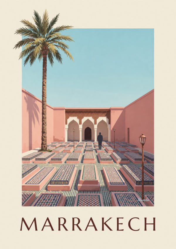 Poster der Saadier-Gräber in Marrakesch mit Arkaden und Zellige-Mosaiken