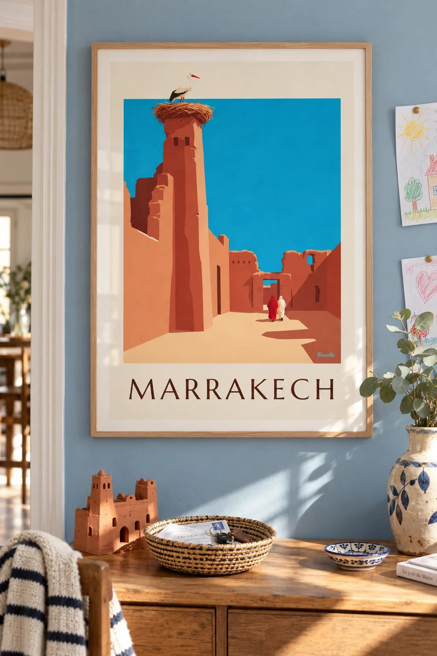 Affiche cigogne sur les remparts d’El Badi à Marrakech : encadrée au mur
