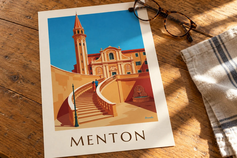 Affiche basilique Saint-Michel à Menton : posée sur une table