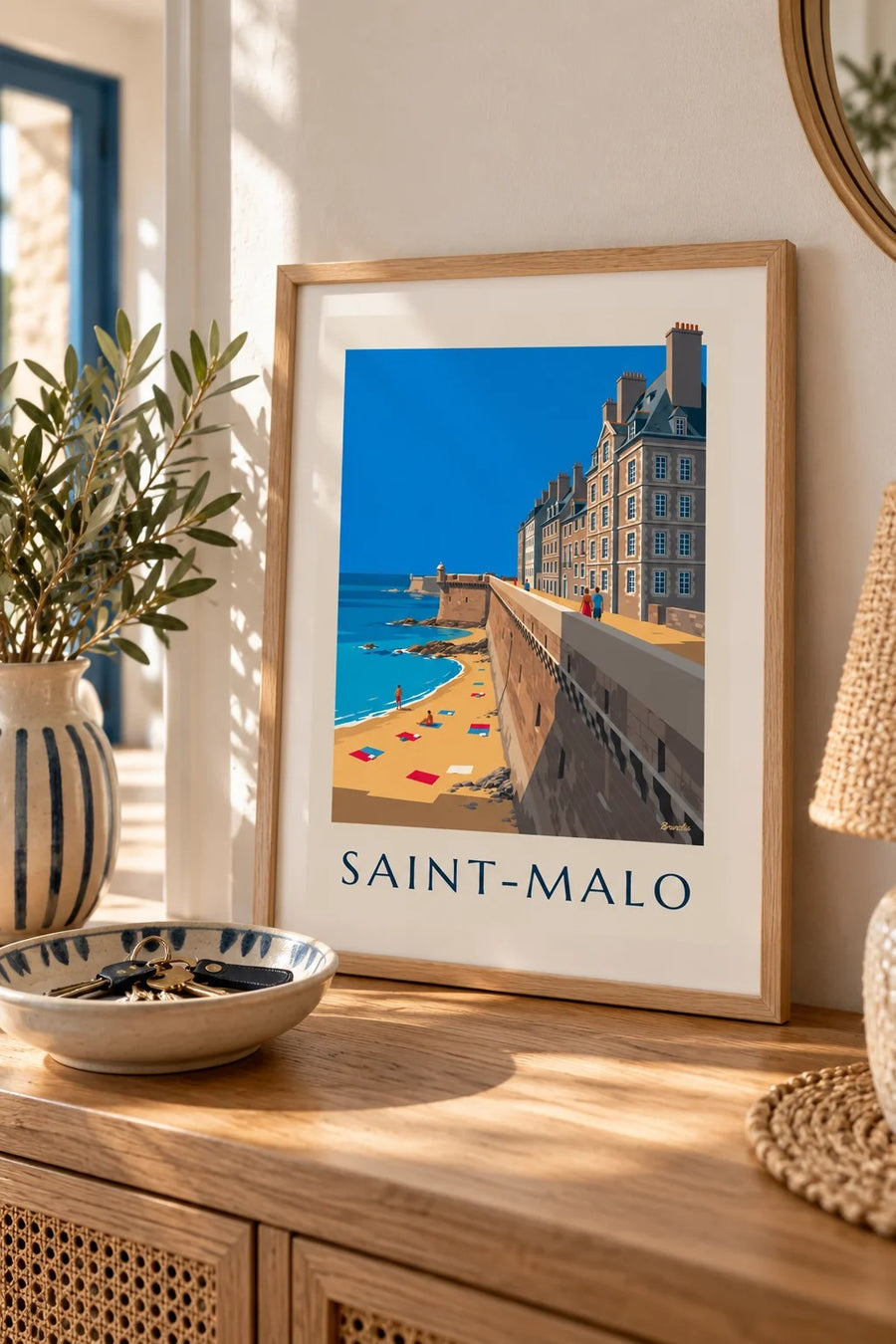 Affiche remparts de Saint-Malo et plage : petit format A4 encadré
