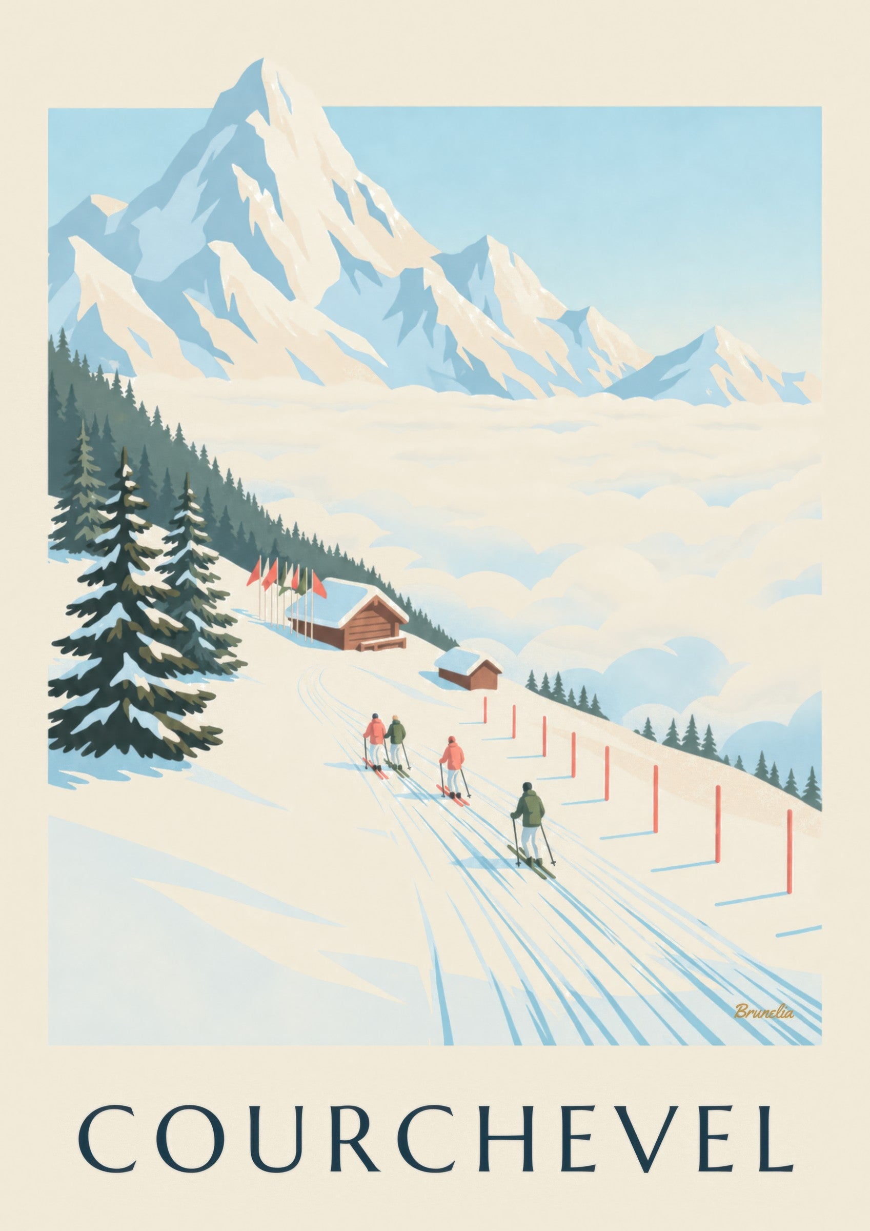 Affiche pistes de Courchevel face au Mont-Blanc : détail en gros plan