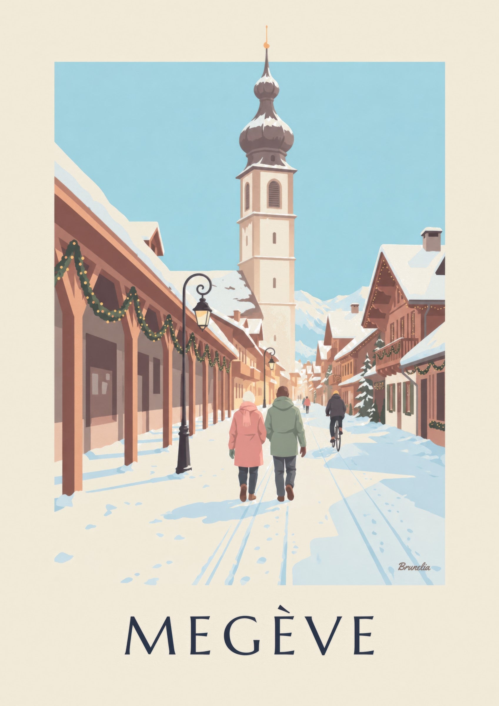 Affiche Megève, rue piétonne et clocher : détail en gros plan