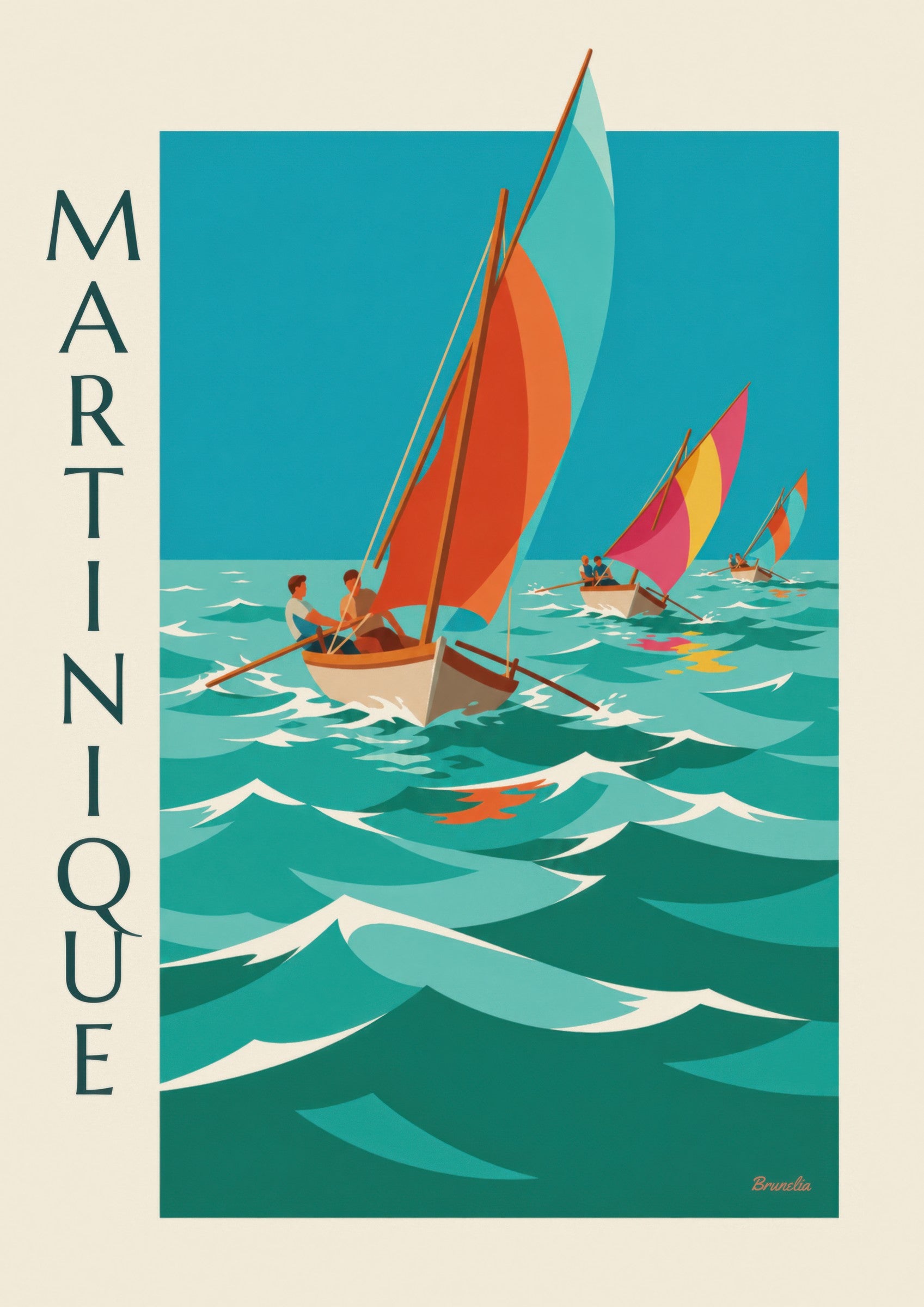 Affiche Martinique, course de yoles aux voiles colorées : détail en gros plan