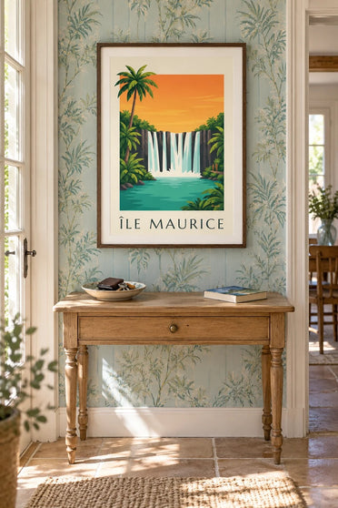 Mauritius-Poster, Rochester-Wasserfall (Titel MAURITIUS) : gerahmt an der Wand