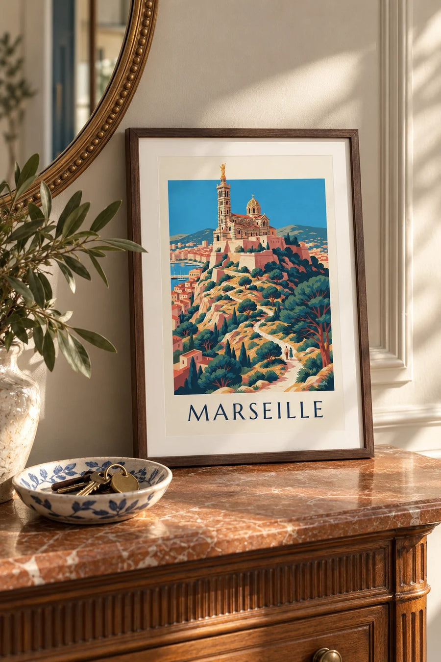 Affiche Notre-Dame-de-la-Garde au coucher du soleil : petit format A4 encadré