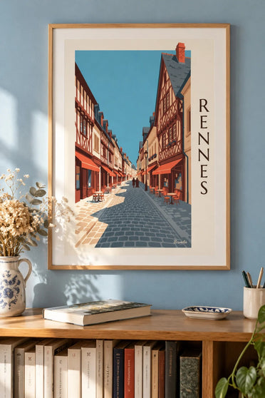 Rennes-Poster mit der Rue Saint-Georges und Fachwerkhäusern : gerahmt an der Wand