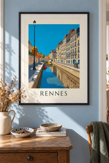Poster Rennes, die Vilaine und das Quai Émile-Zola : gerahmt an der Wand
