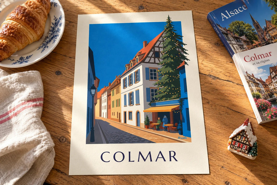 Poster vom weihnachtlich beleuchteten Colmar, Viertel der Poissonnerie : auf einem Tisch aufgestellt