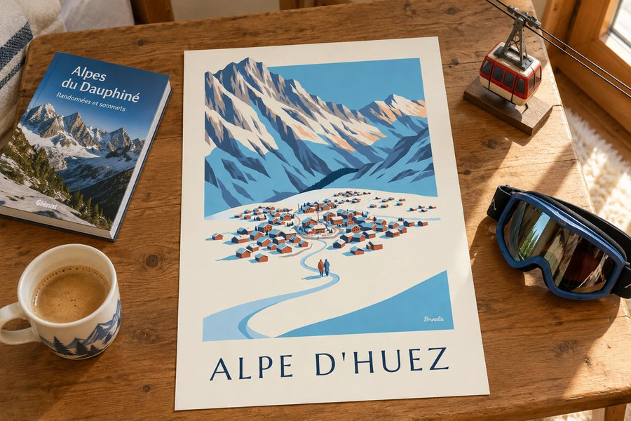 Poster Alpe d'Huez, vom Pic Blanc aus gesehen, im Winter : auf einem Tisch aufgestellt