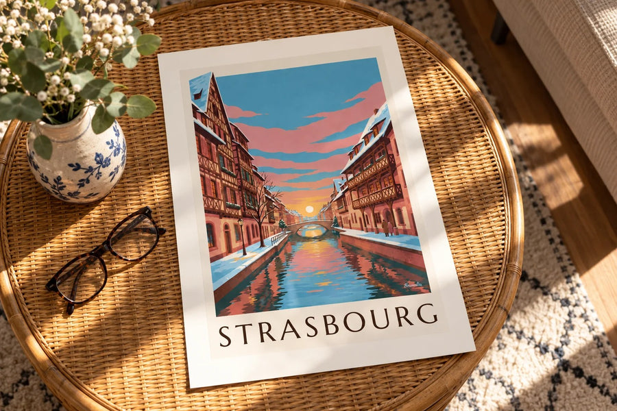 Affiche Petite France à Strasbourg en hiver : posée sur une table