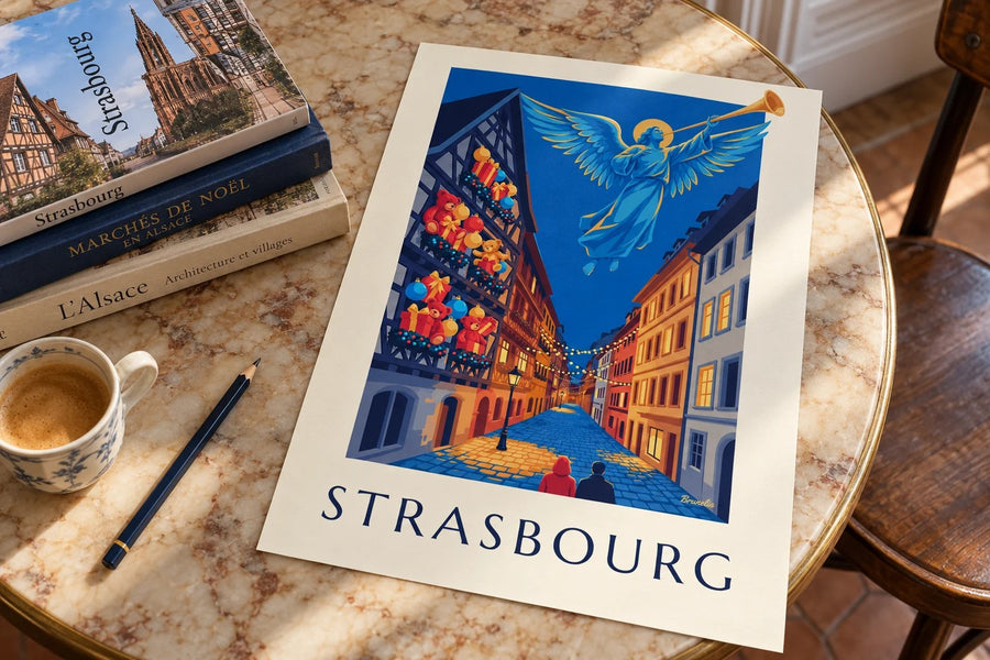 Affiche Strasbourg à Noël, ange lumineux : posée sur une table