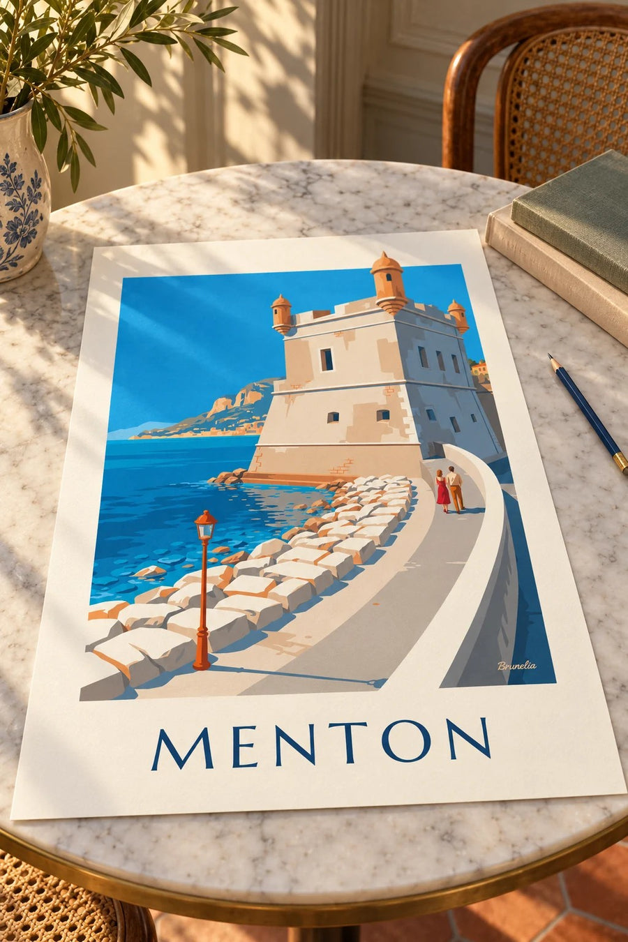 Poster der Bastion am alten Hafen von Menton am Meer : auf einem Tisch aufgestellt