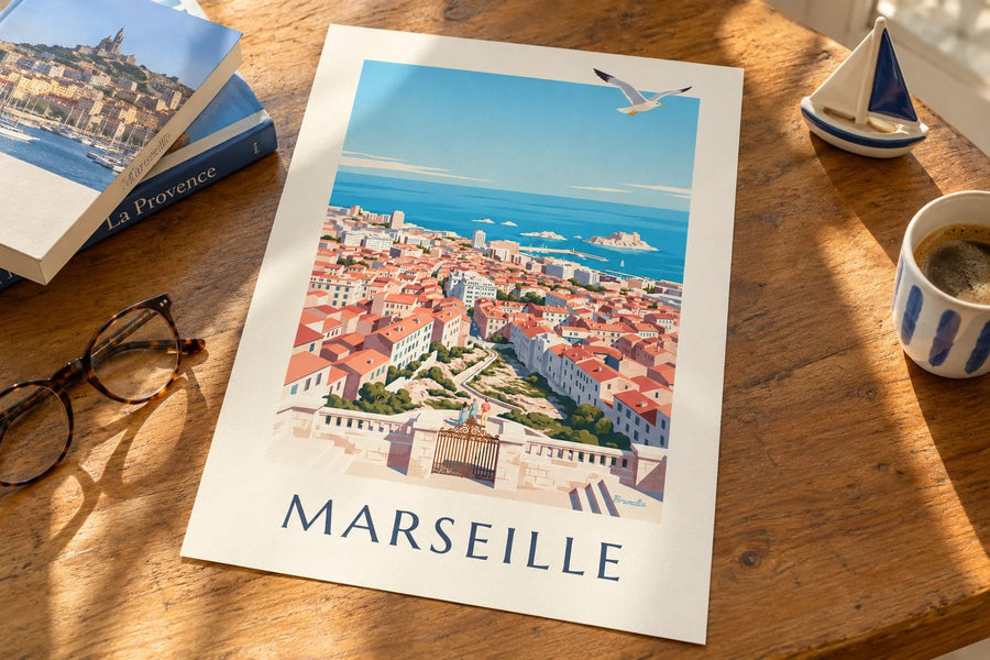 Affiche vue de Marseille depuis Notre-Dame-de-la-Garde : posée sur une table