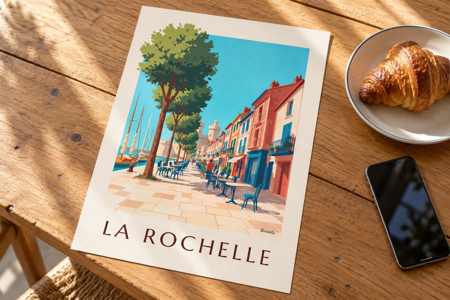 Poster des Gabut-Viertels in La Rochelle mit bunten Häusern : auf einem Tisch aufgestellt