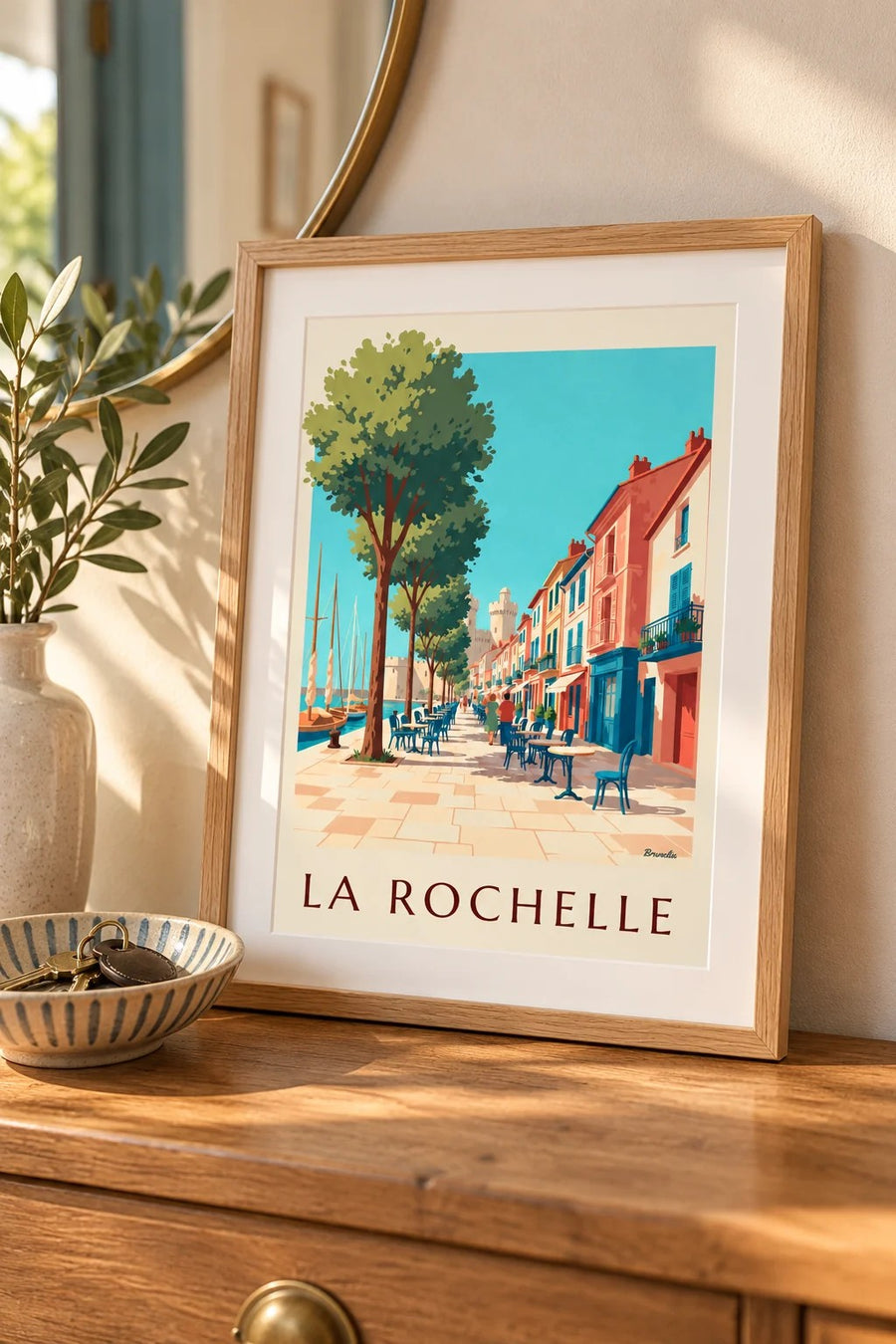 Poster des Gabut-Viertels in La Rochelle mit bunten Häusern : kleines A4-Format, gerahmt