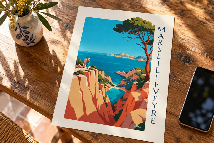 Affiche calanque de Marseilleveyre et îles de Riou : posée sur une table
