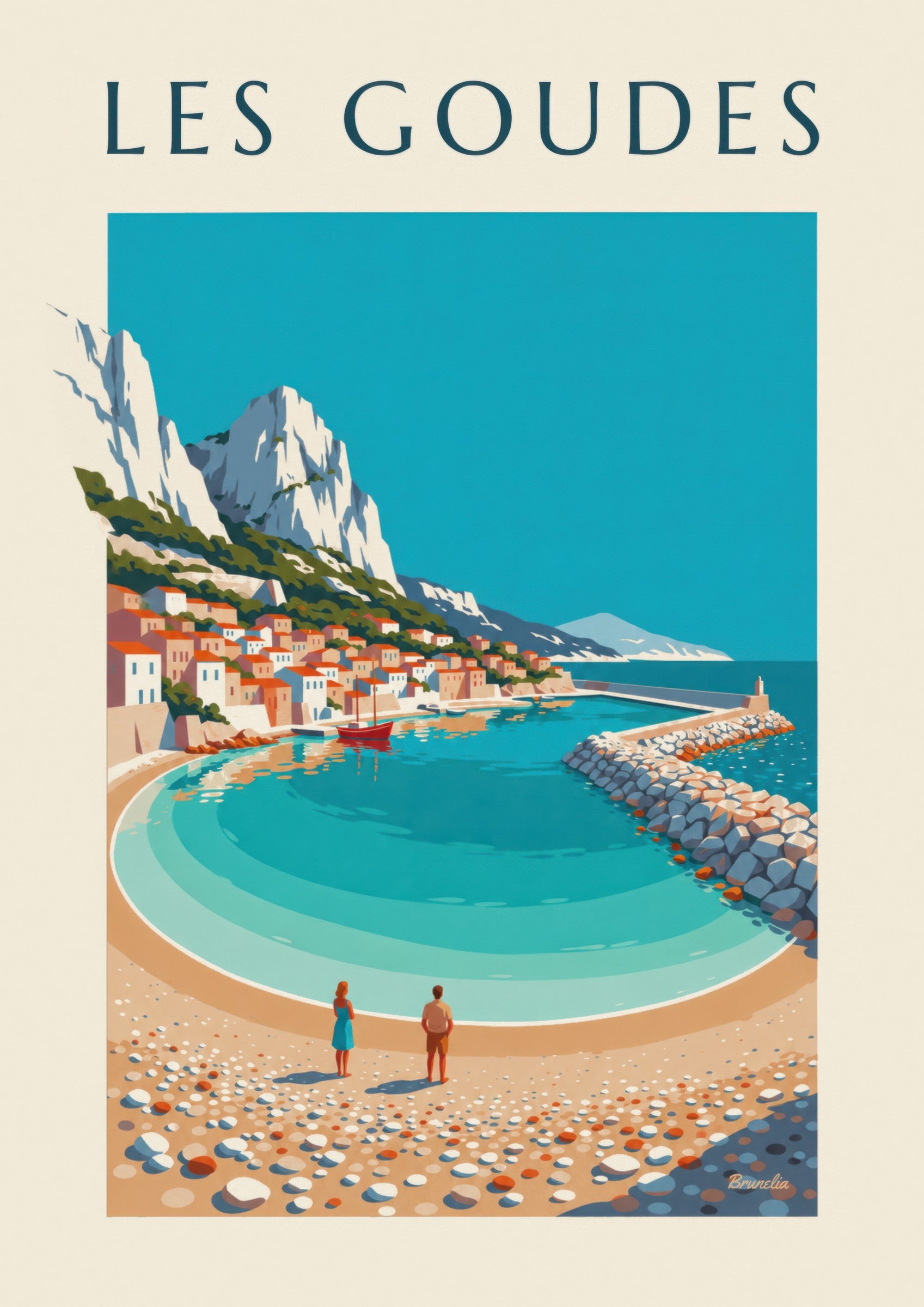 Affiche port des Goudes à Marseille, crique et digue : détail en gros plan