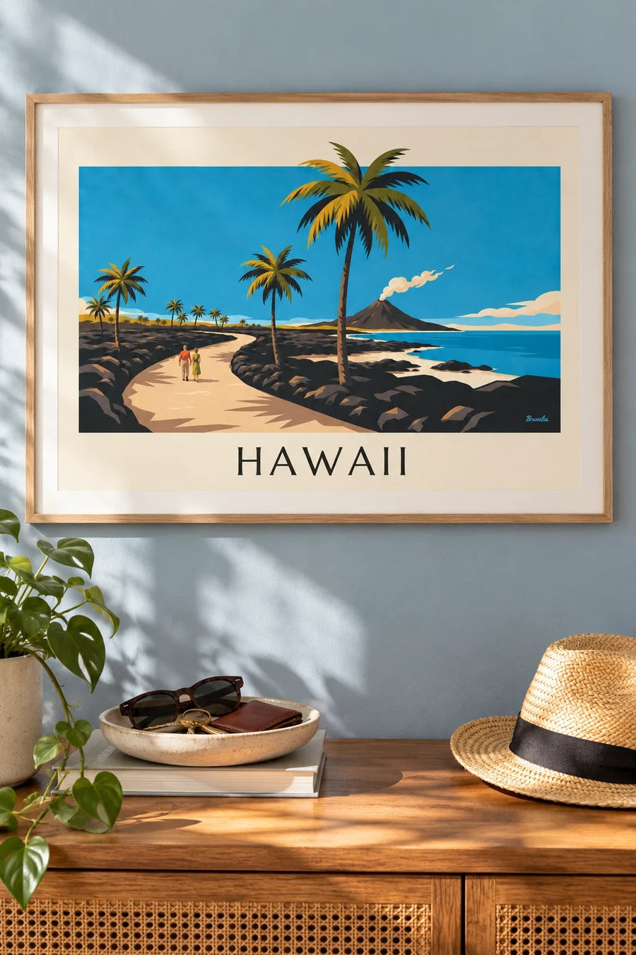 Poster Straße auf Hawaii zwischen Palmen und Vulkan: gerahmt an der Wand