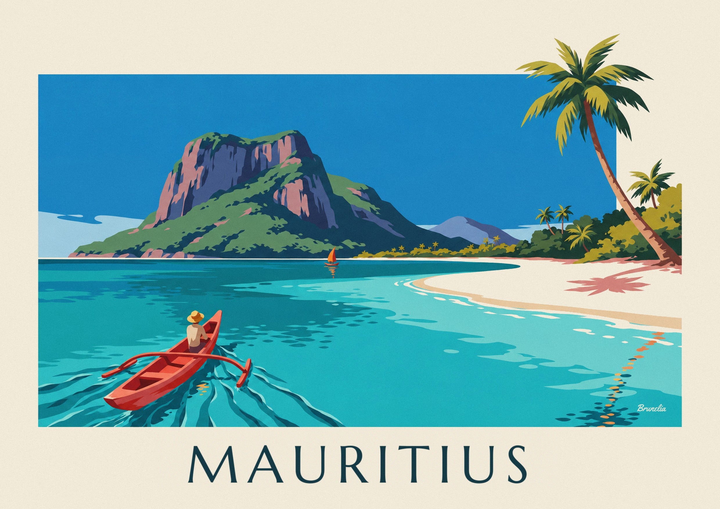 Affiche lagon, cocotiers et Morne Brabant à l'île Maurice : détail en gros plan